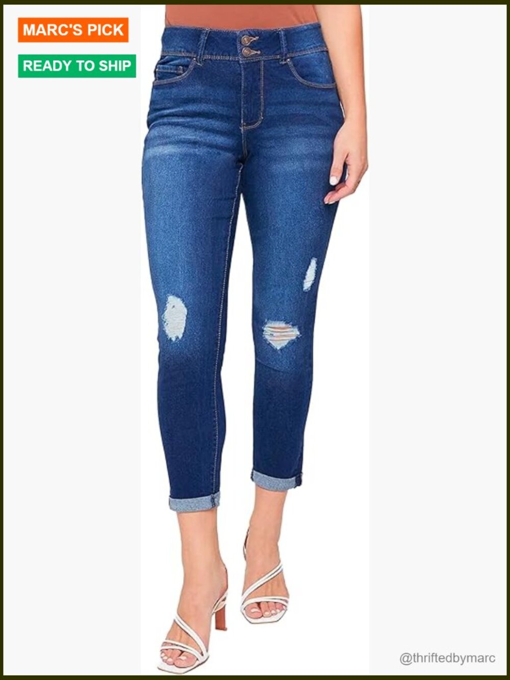 High Rise Ankle Jeans with Roll Cuff, 2-Button Closure, Stretch Denim